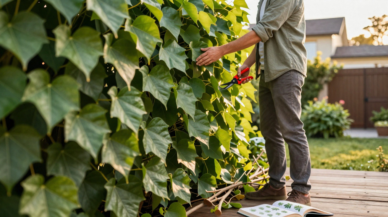 Pessoa podando plantas com tesoura de jardinagem em jardim residencial ao ar livre.