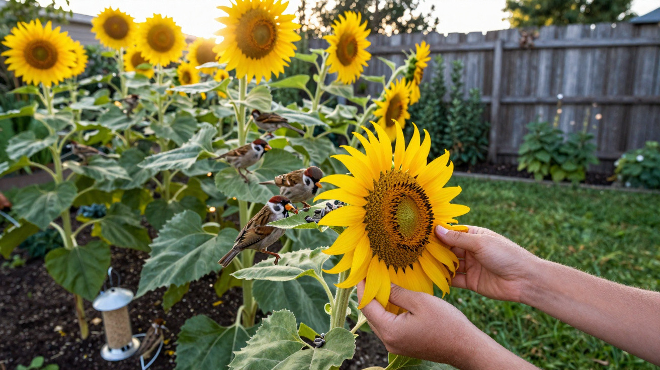 Mãos seguram girassol em jardim com vários girassóis amarelos e pequenos pássaros pousados nas plantas.