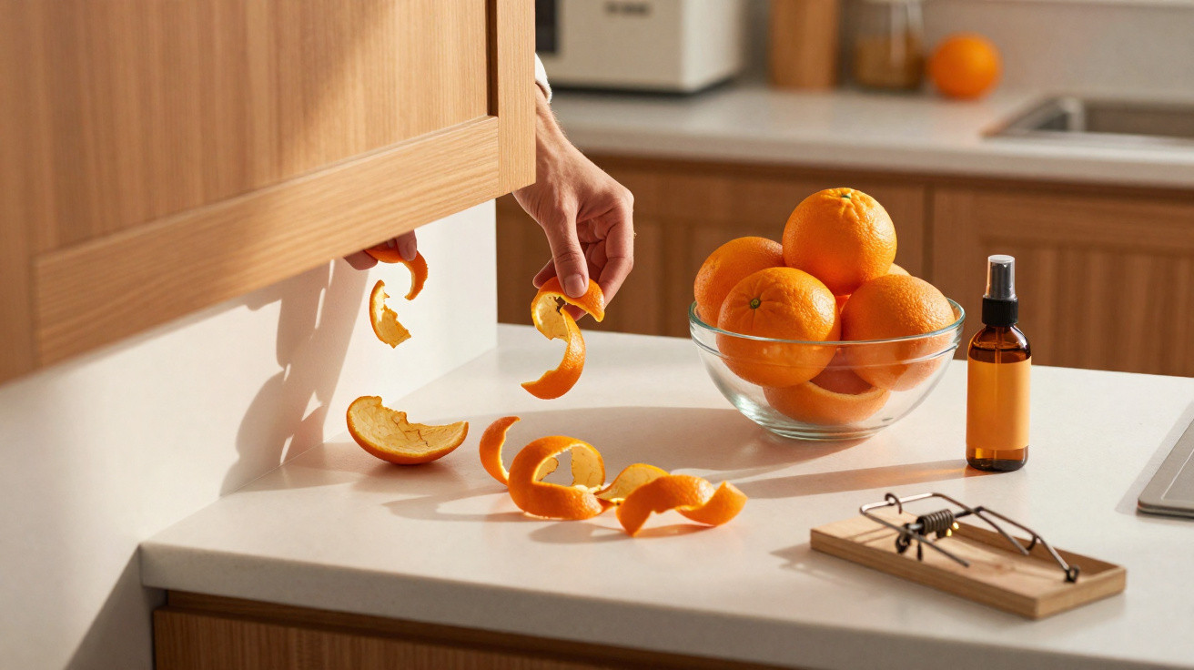 Mãos descascando laranja na bancada da cozinha com tigela de laranjas, frasco e ratoeira.