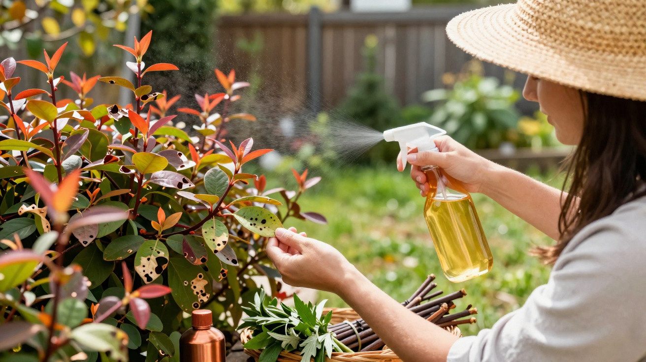 Pessoa com chapéu pulveriza inseticida em plantas com folhas perfuradas em jardim ao ar livre.