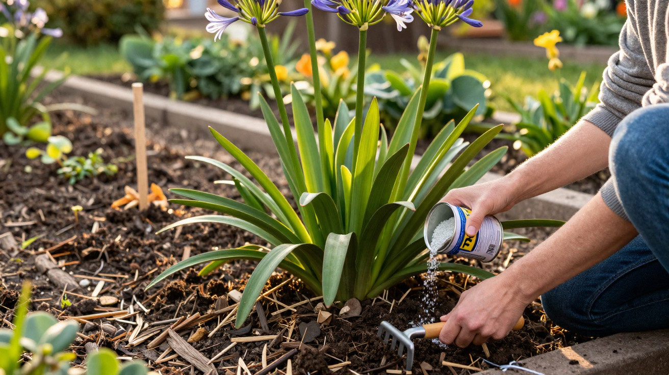 Pessoa aplicando fertilizante granular em vaso com planta de folhas verdes e flores roxas no jardim.