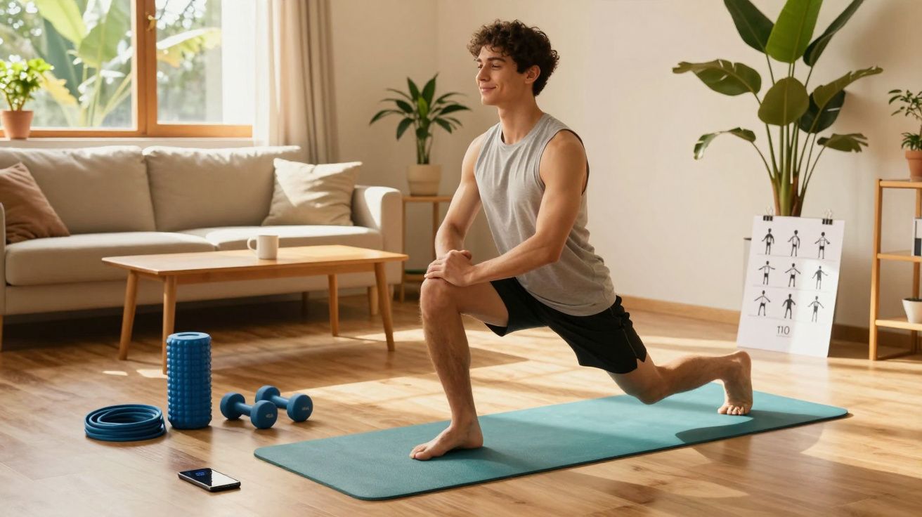 Jovem realiza alongamento em tapete de yoga na sala com iluminação natural e plantas.
