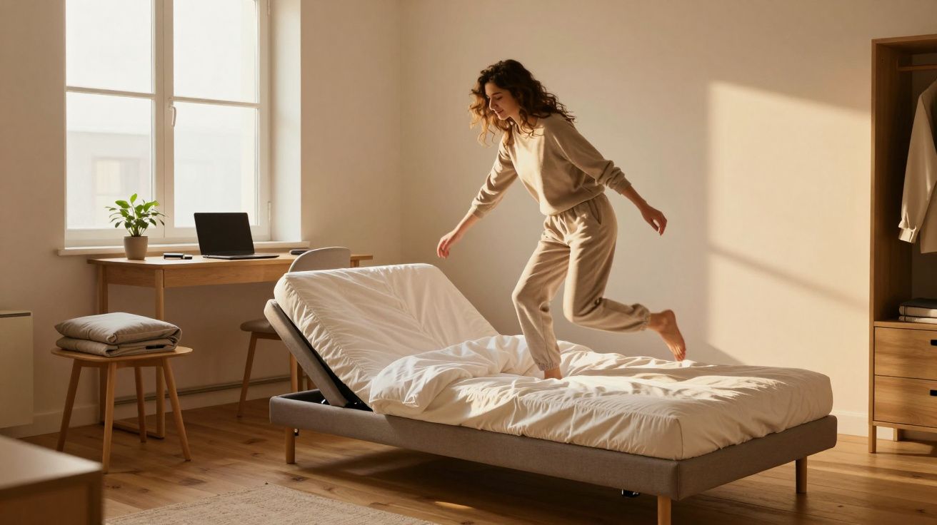 Mulher pulando em cama desarrumada em quarto claro e minimalista com mesa e laptop.