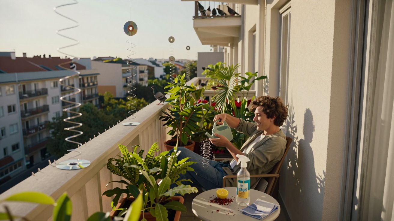 Pessoa sentada em varanda regando plantas em dia ensolarado com prédio ao fundo e decoração pendurada.