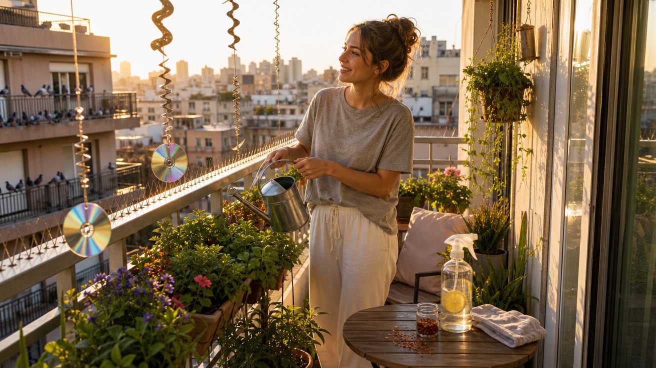 Mulher regando plantas em varanda com luz do pôr do sol e prédios ao fundo na cidade.