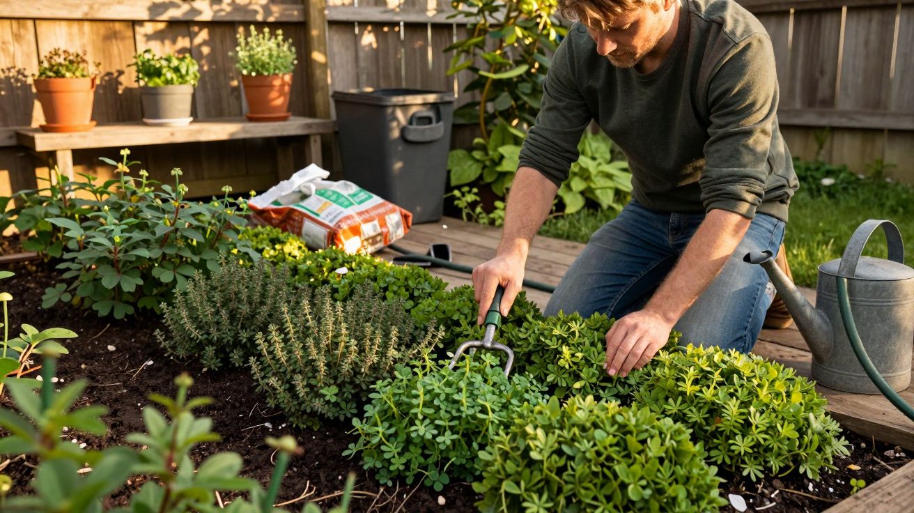 Homem cuidando de plantas em canteiro de jardim, com regador e ferramentas ao redor.