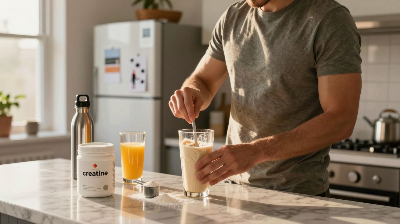 Homem preparando suplemento com creatina em copo na cozinha moderna durante o dia.