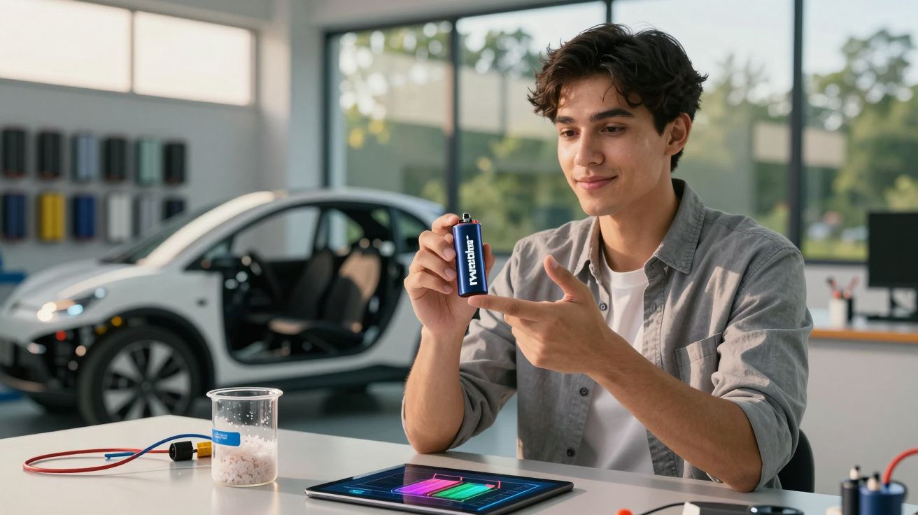 Jovem em laboratório mostra bateria azul enquanto trabalha com tablet e carro elétrico ao fundo.