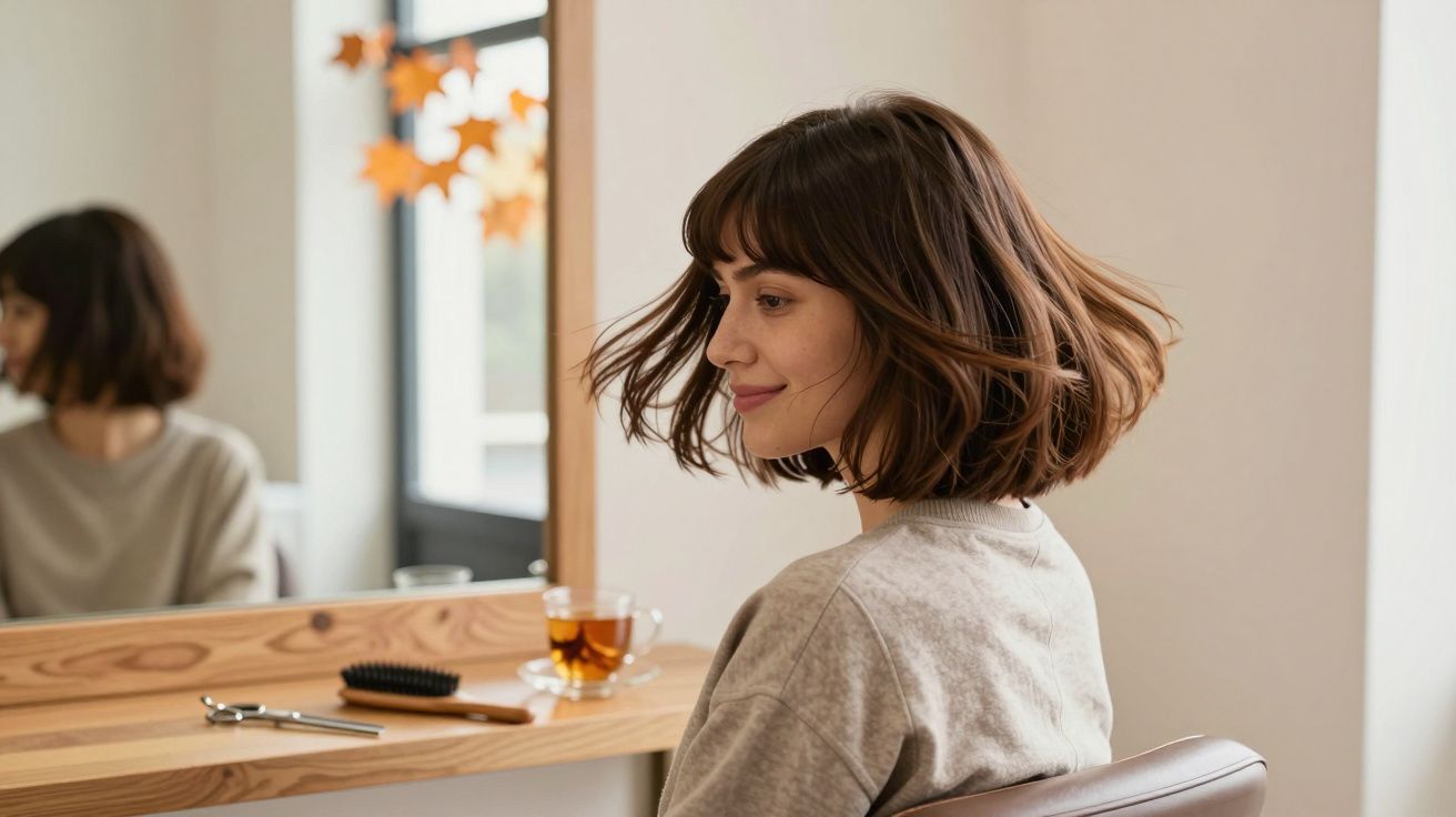 Mulher com cabelo curto e castanho sorrindo, sentada em cadeira diante de espelho em salão de beleza.
