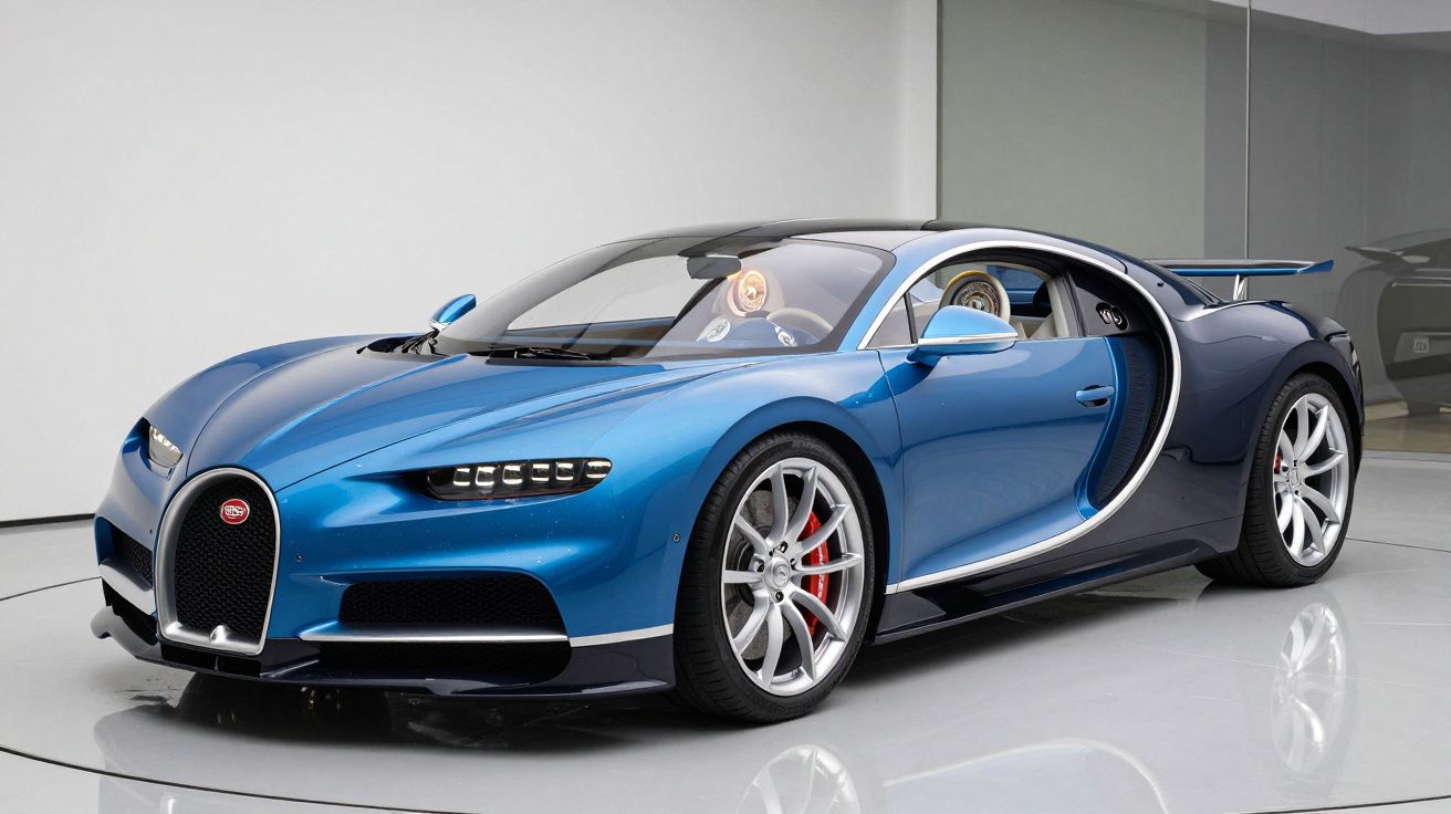Carro esportivo azul Bugatti Chiron com design aerodinâmico em ambiente interno iluminado.