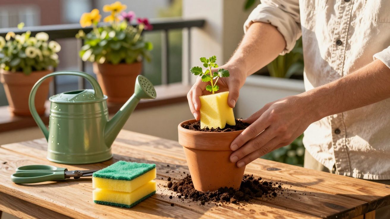 Pessoa limpando vaso de planta com esponja amarela em mesa de madeira com regador e flores ao fundo.