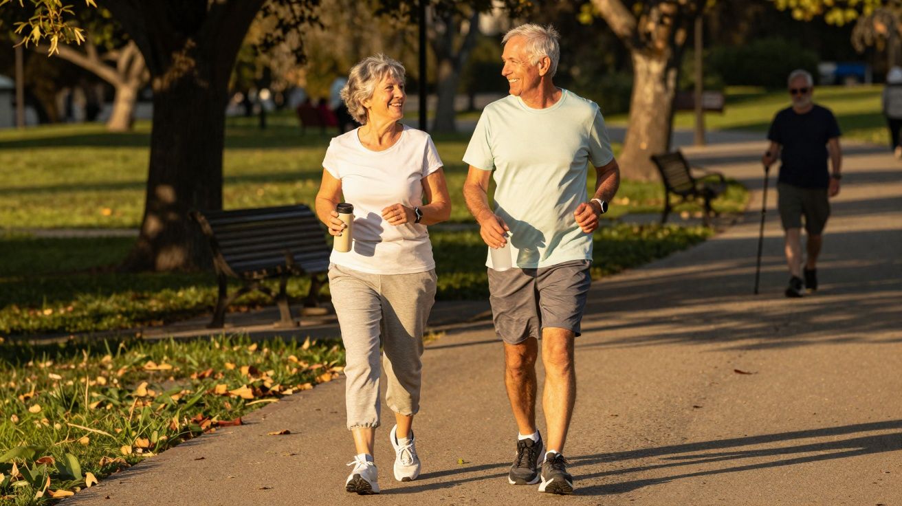 Casal sênior caminhando e sorrindo em parque ensolarado com copos nas mãos.