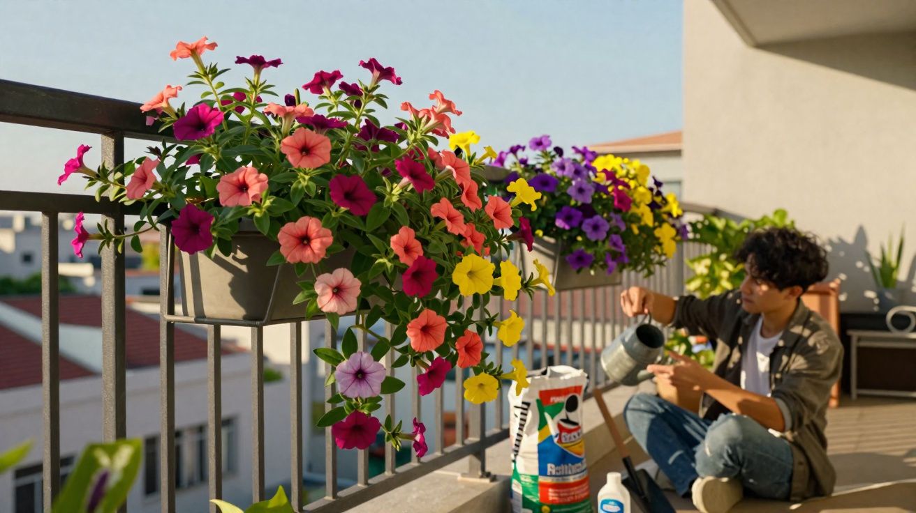 Jovem regando flores coloridas em vasos pendurados na varanda ensolarada de um apartamento.