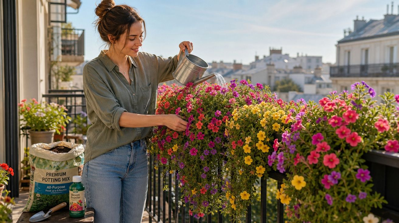 Mulher regando flores coloridas em vasos no parapeito de uma varanda ensolarada de apartamento.