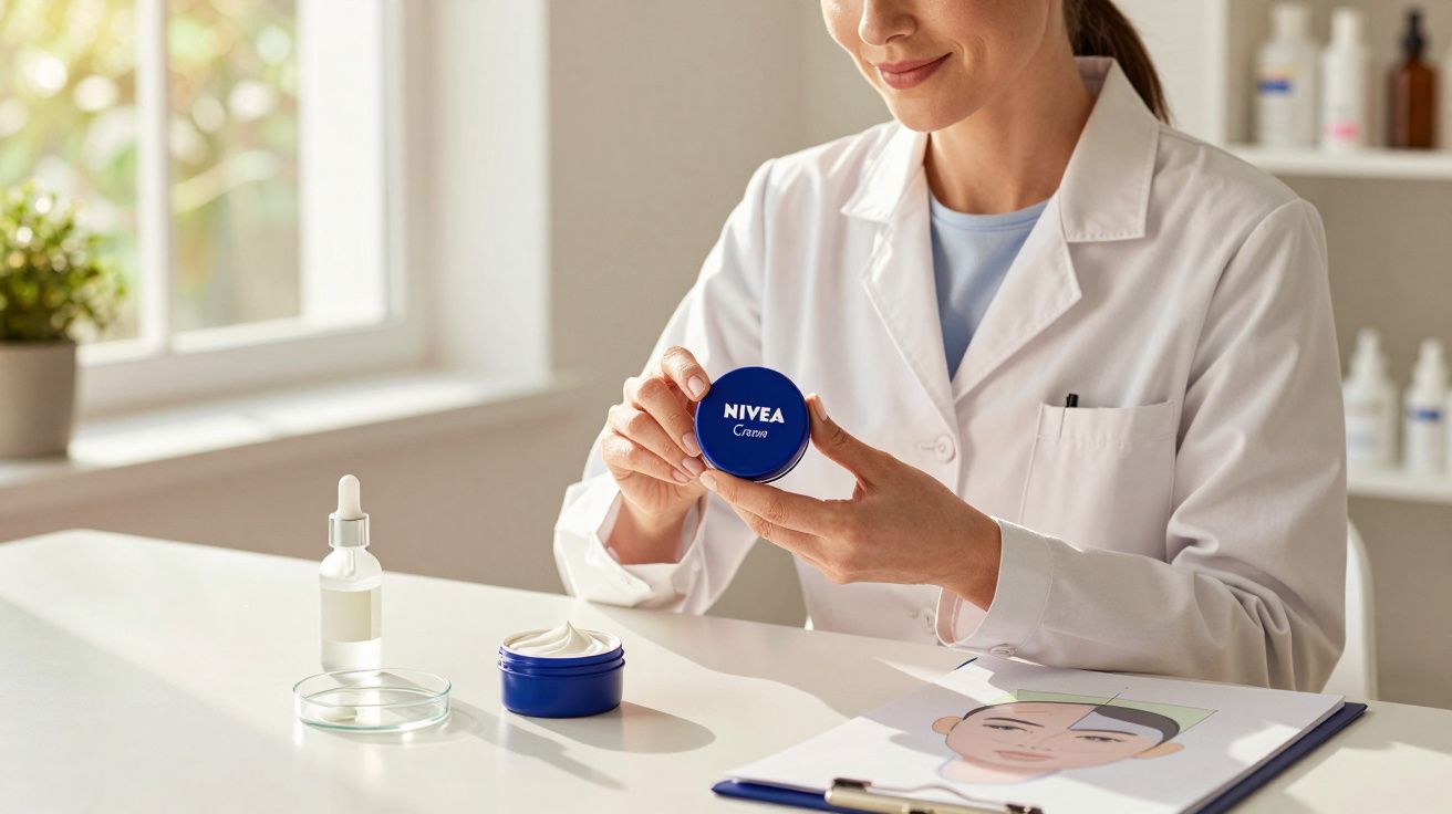 Mulher de jaleco segurando pote de creme Nivea em ambiente clínico com produtos de cuidados na mesa.