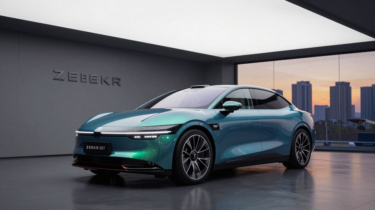 Carro elétrico Zeekr 007 verde em sala moderna com painel de vidro e vista urbana ao pôr do sol.
