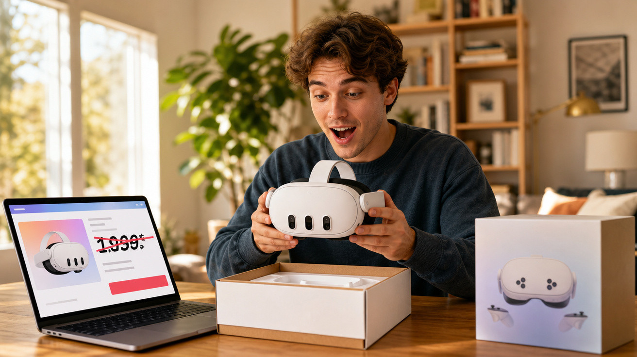 Homem animado desembrulhando óculos de realidade virtual diante de laptop e caixa em sala iluminada.