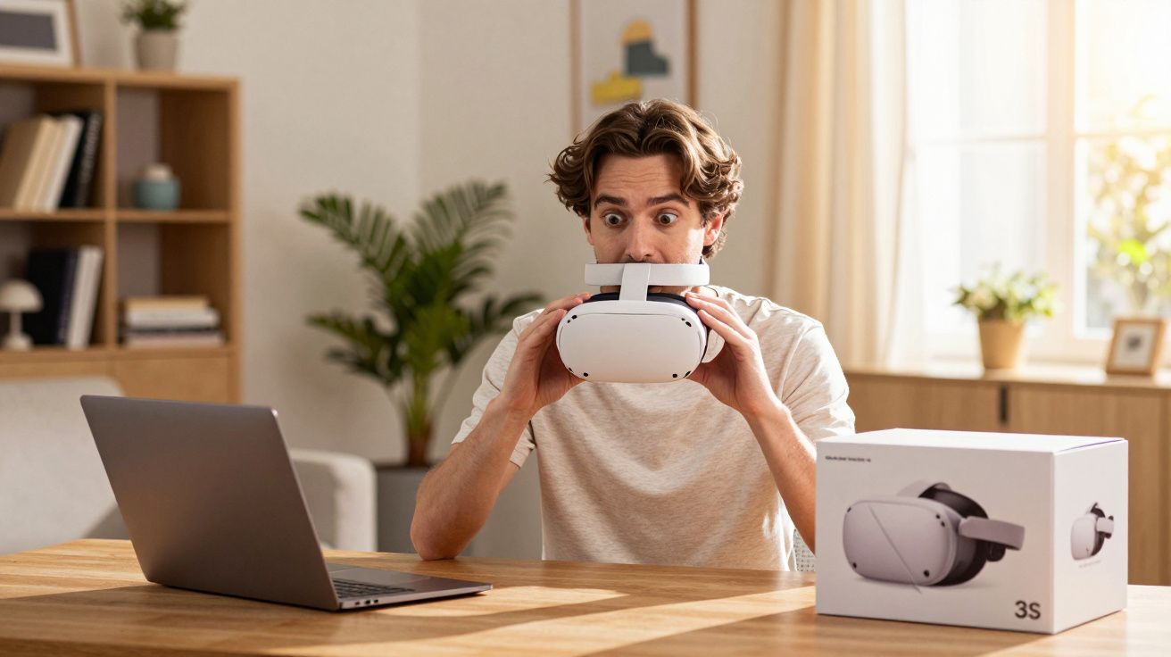 Homem surpreso segurando óculos de realidade virtual perto de notebook e caixa em sala iluminada.