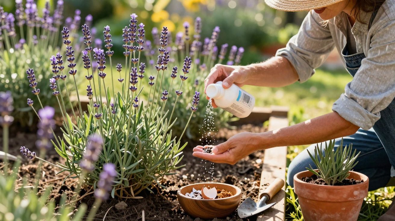 Pessoa aplicando pó em sementes de plantas em jardim com lavandas e ferramentas de jardinagem.