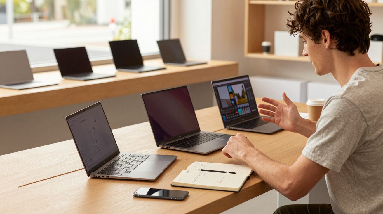 Homem sentado em mesa com três notebooks, caderno e celular, trabalhando em ambiente moderno e claro.