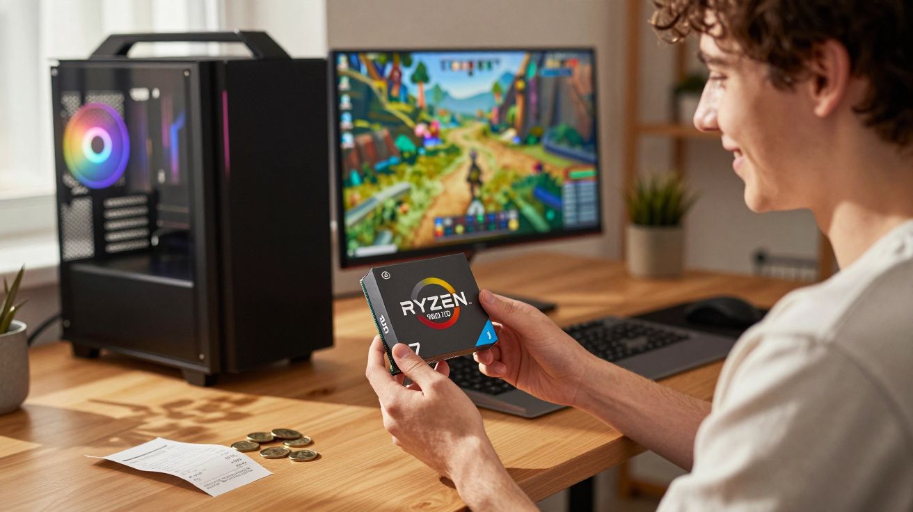 Pessoa segurando processador AMD Ryzen 7 5800X diante de computador com jogo na tela.