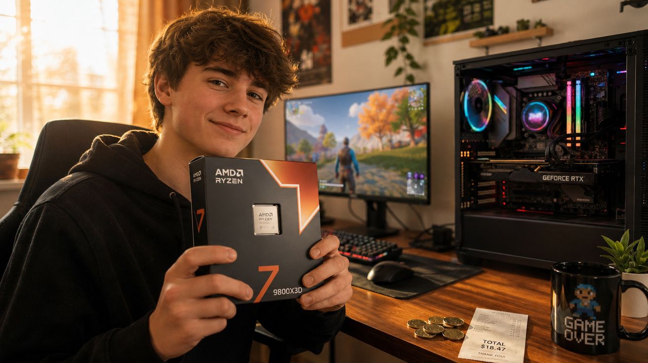 Jovem segura processador AMD Ryzen 7 diante de setup gamer com PC, monitor e caneca "Game Over".
