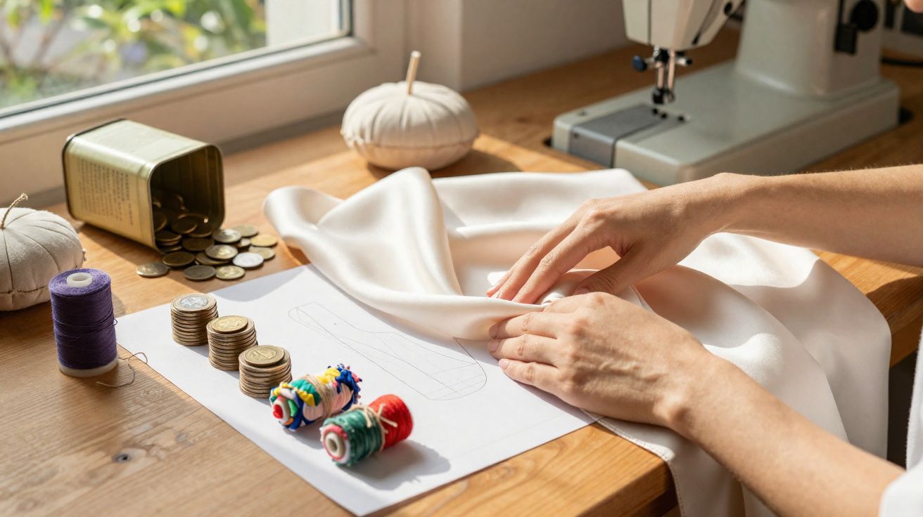 Mãos ajustando tecido branco sobre mesa com moedas, linhas, alfinetes e máquina de costura ao fundo.