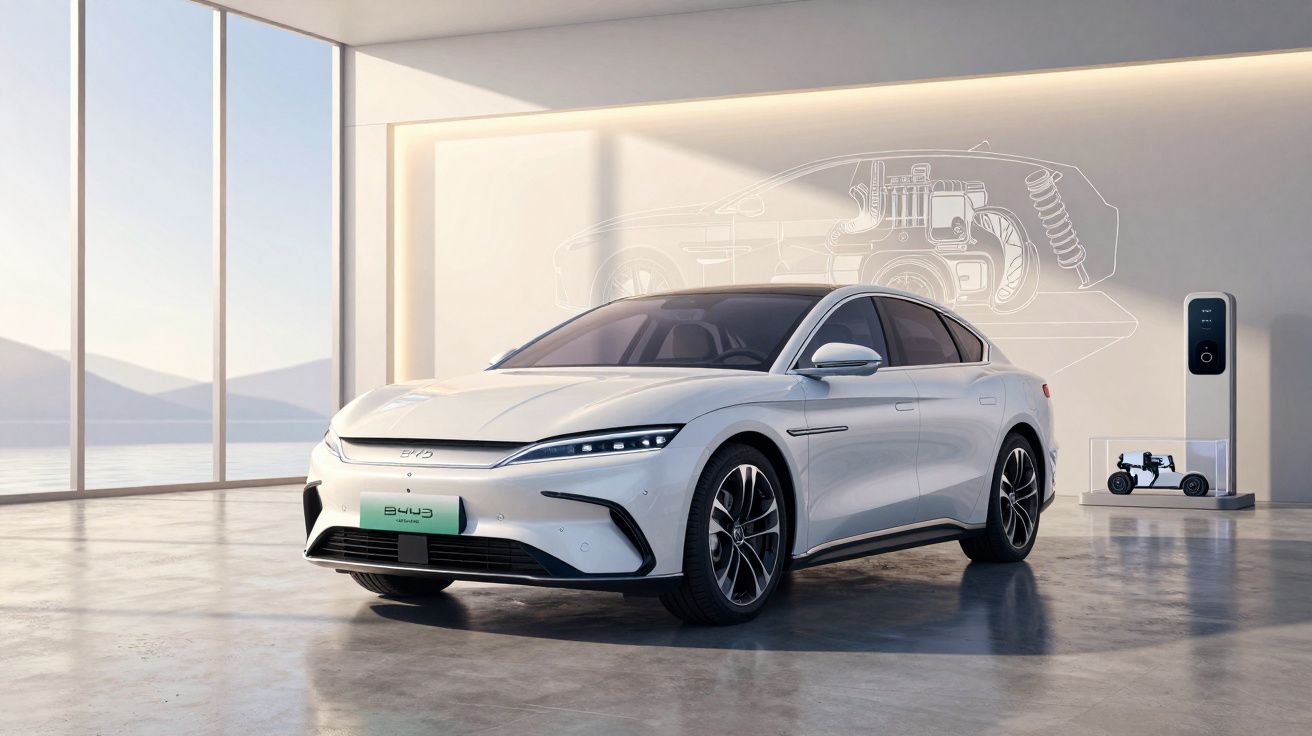 Carro elétrico branco estacionado em ambiente moderno com parede iluminada e estação de recarga.