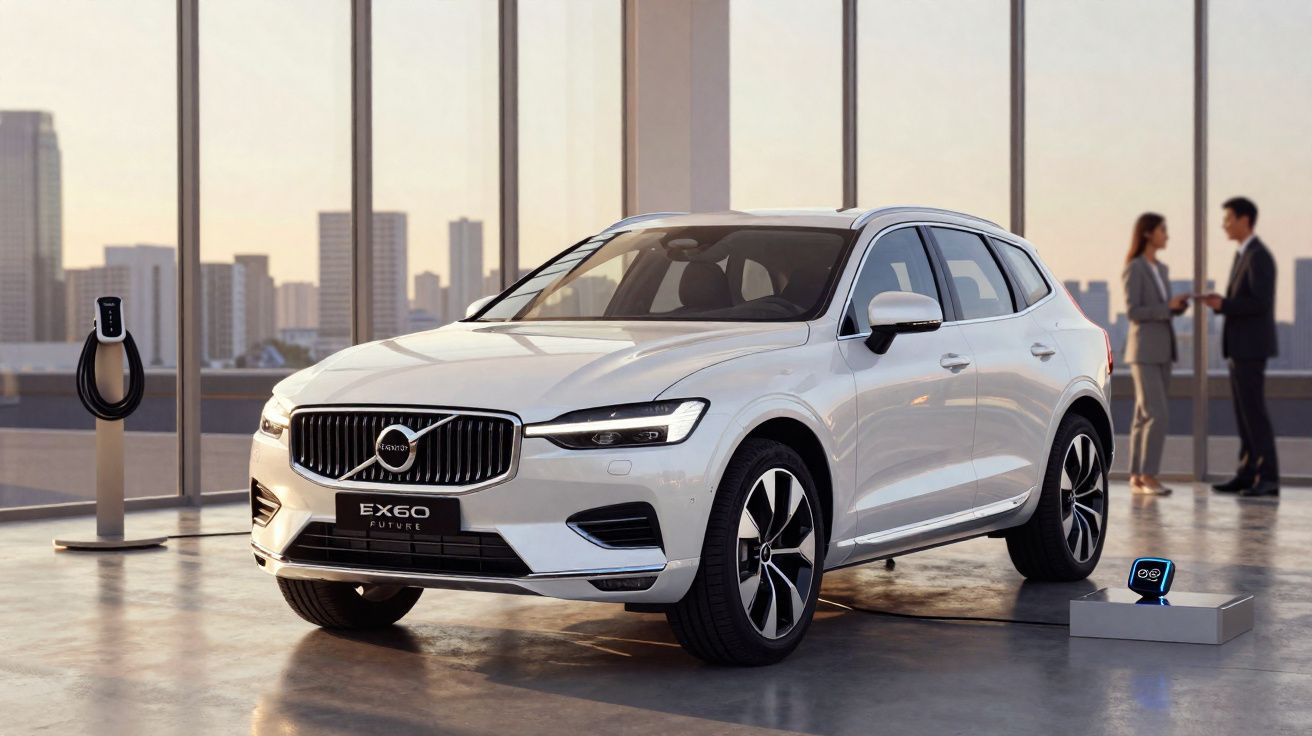 Carro elétrico Volvo EX60 branco em showroom moderno com duas pessoas ao fundo e estação de recarga.