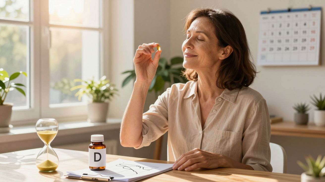 Mulher sorrindo segurando cápsula de vitamina D, sentada em mesa com frasco, ampulheta e plantas.