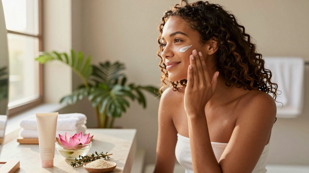 Mulher sorrindo aplica creme no rosto em banheiro iluminado com plantas e toalha ao fundo.