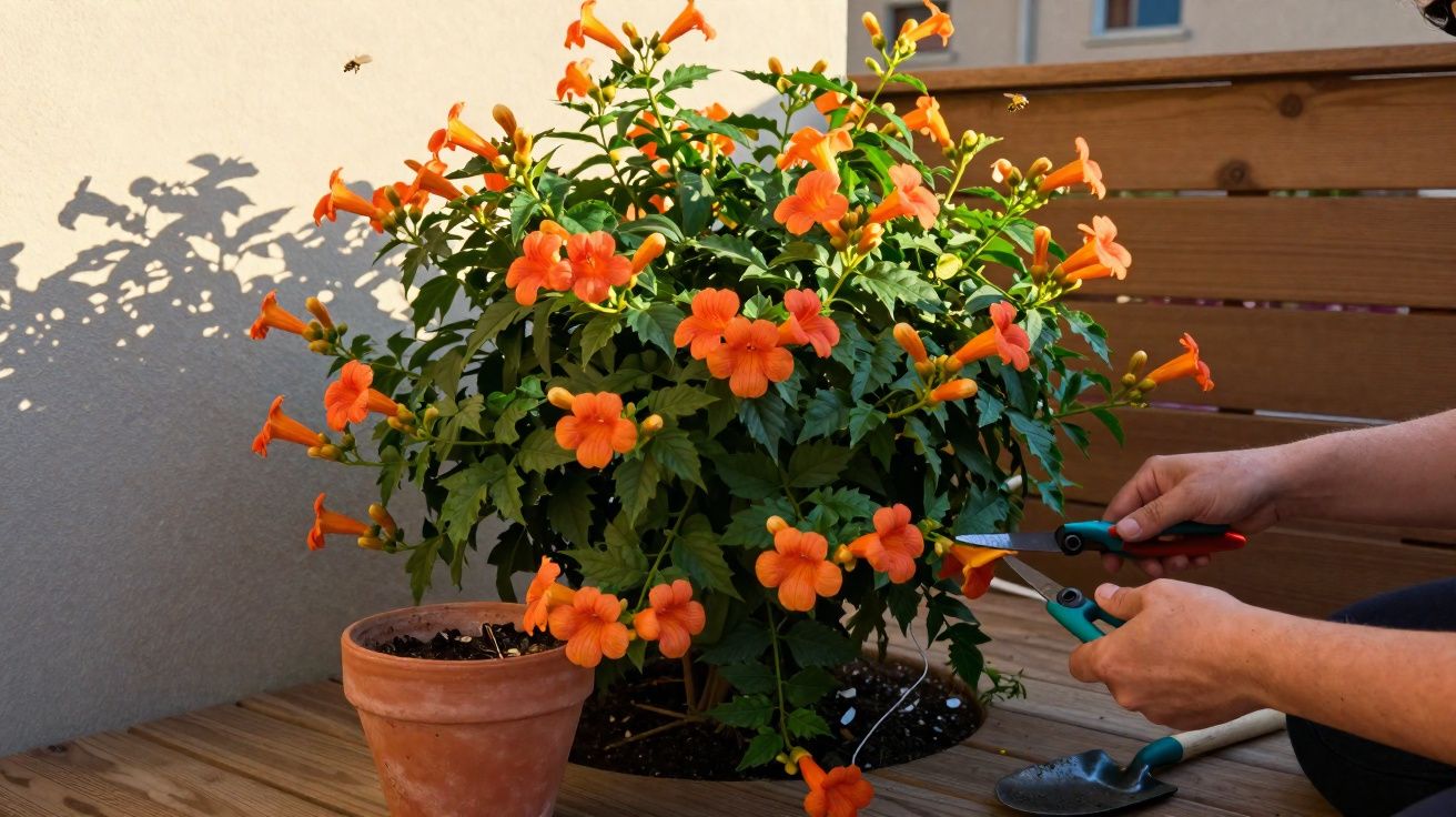 Pessoa poda flores laranja em vaso de plantas em área externa com sombra de abelha ao fundo.