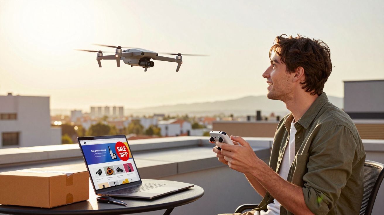 Homem controla drone com controle remoto em área externa, com laptop e caixa sobre mesa redonda.
