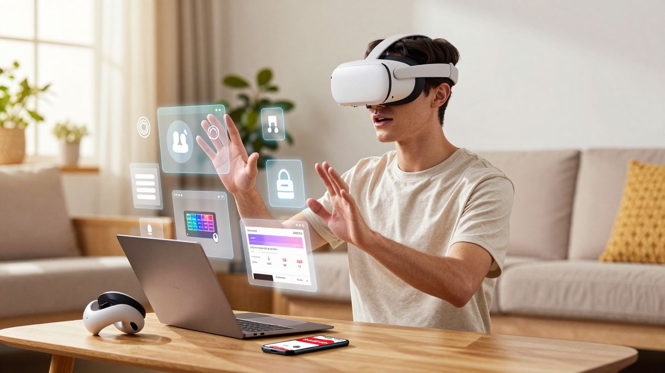 Homem usando óculos de realidade virtual interagindo com telas holográficas em sala de estar.
