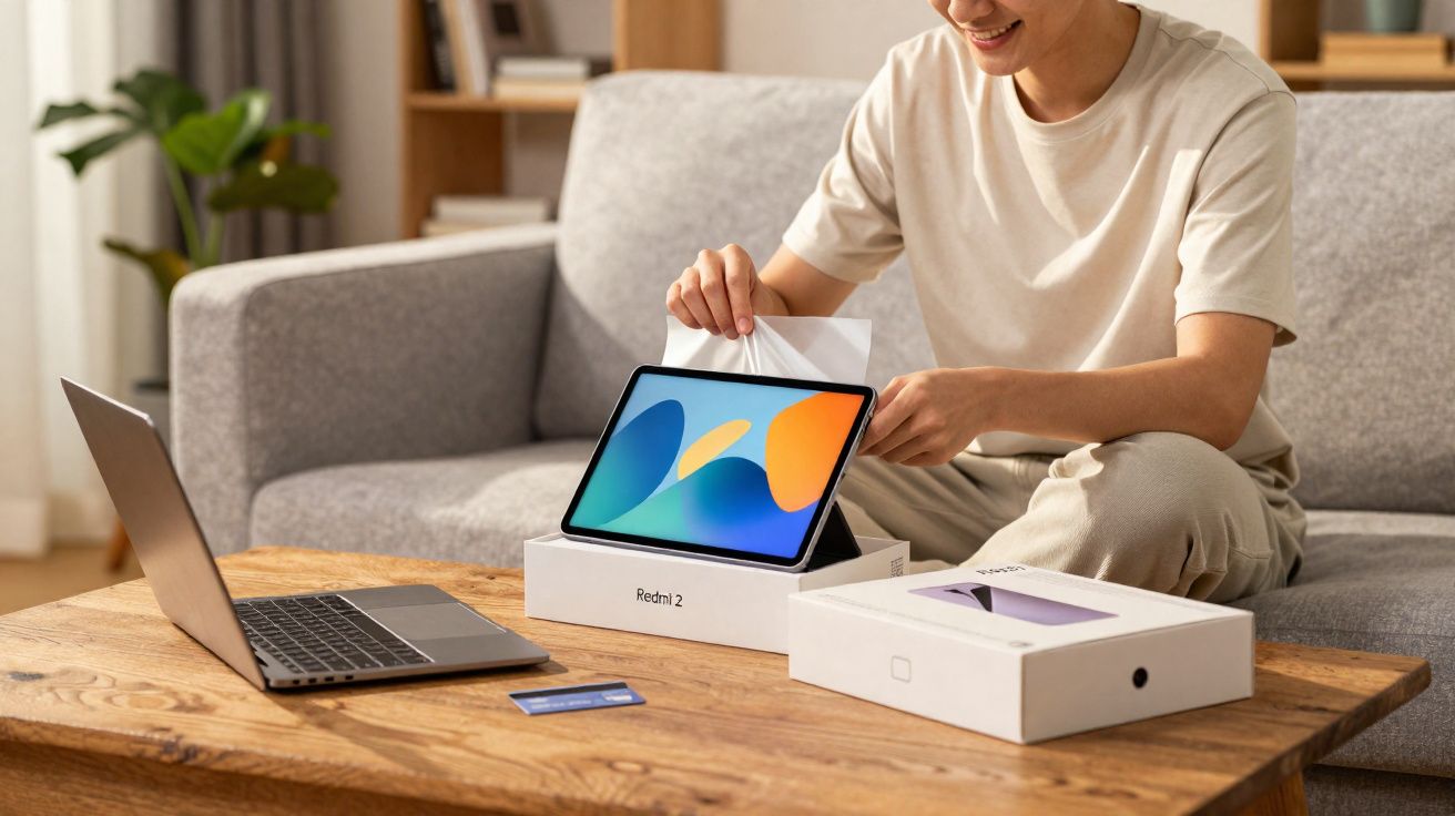 Pessoa desembrulhando tablet Redmi 2 sobre mesa de madeira com notebook e cartão azul.