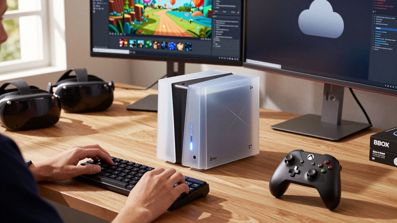 Pessoa usando teclado com duas telas, headset de realidade virtual e controle Xbox em mesa de madeira.