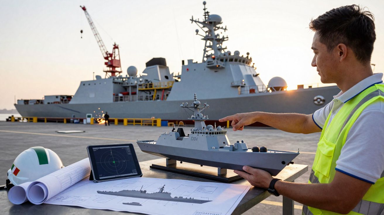 Homem com colete refletivo aponta para modelo de navio de guerra perto de planta baixa, capacete e navio real ao fundo.
