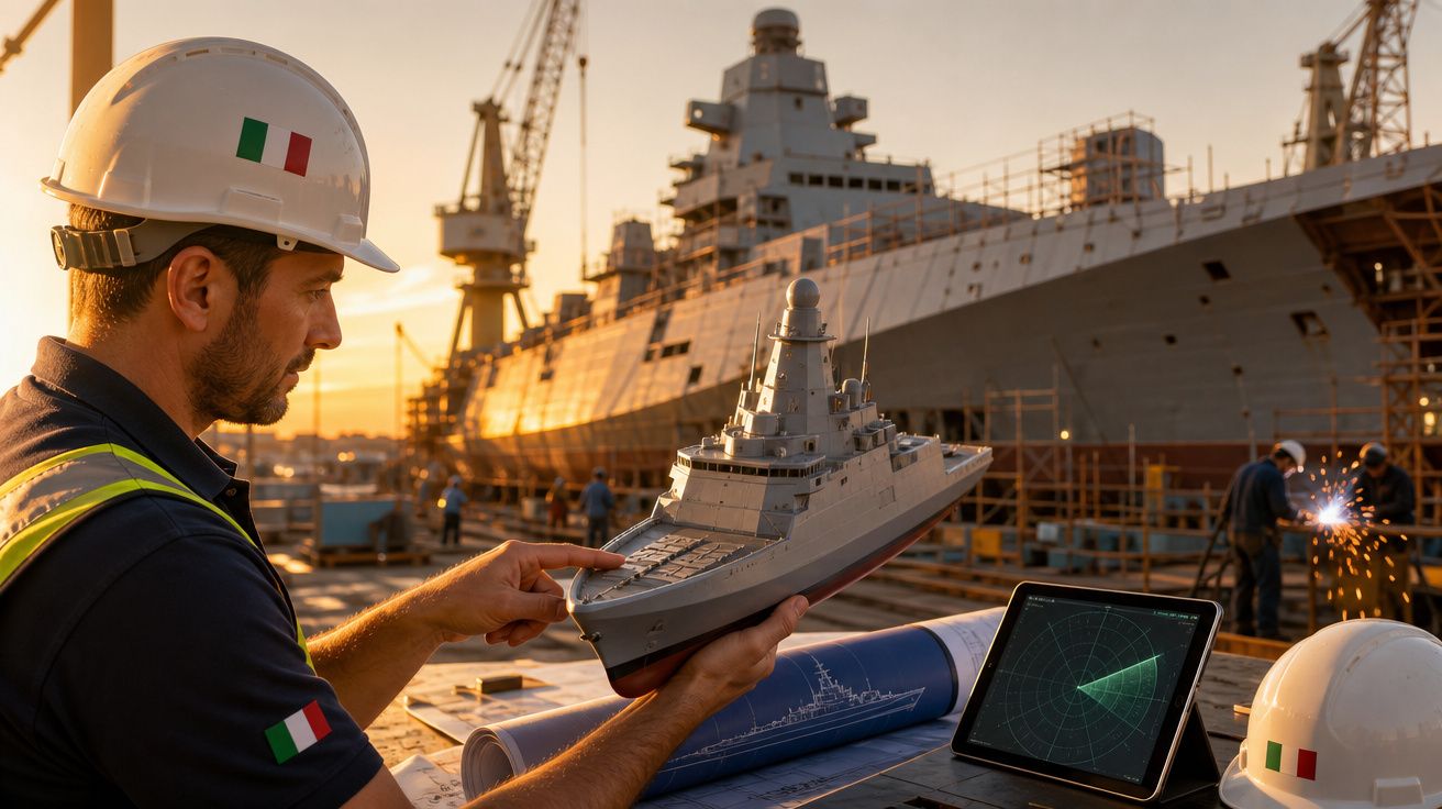 Engenheiro naval segurando modelo de navio e analisando planos com navio real em construção ao fundo.
