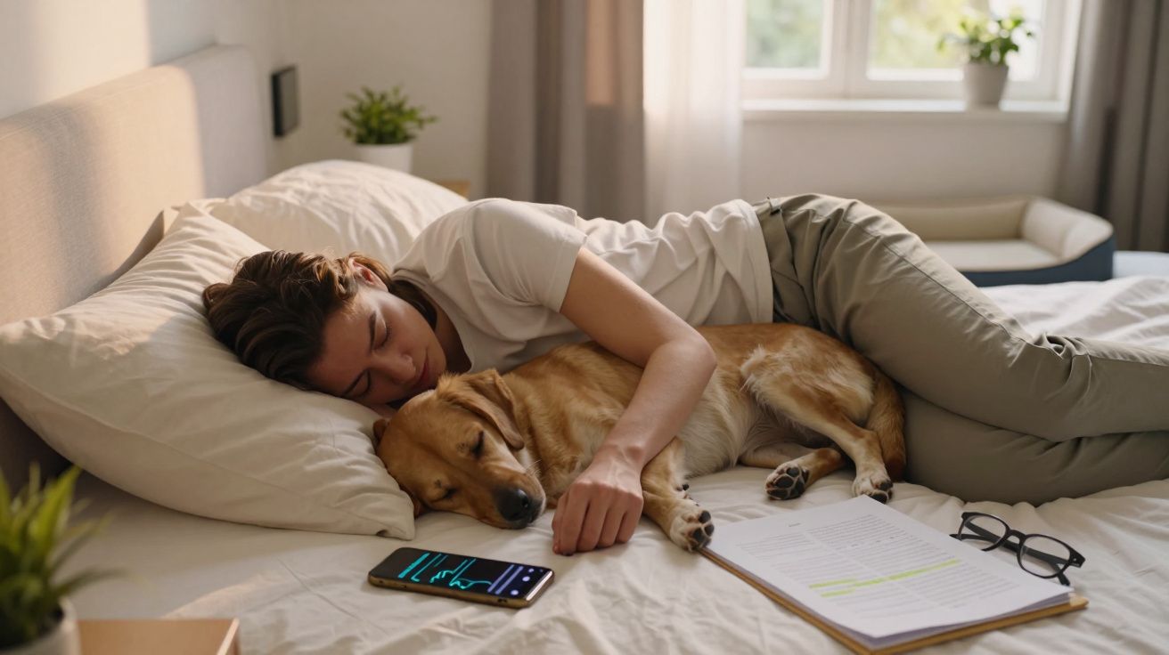 Mulher dormindo abraçada com cachorro em cama, perto de celular, óculos e caderno com anotações.