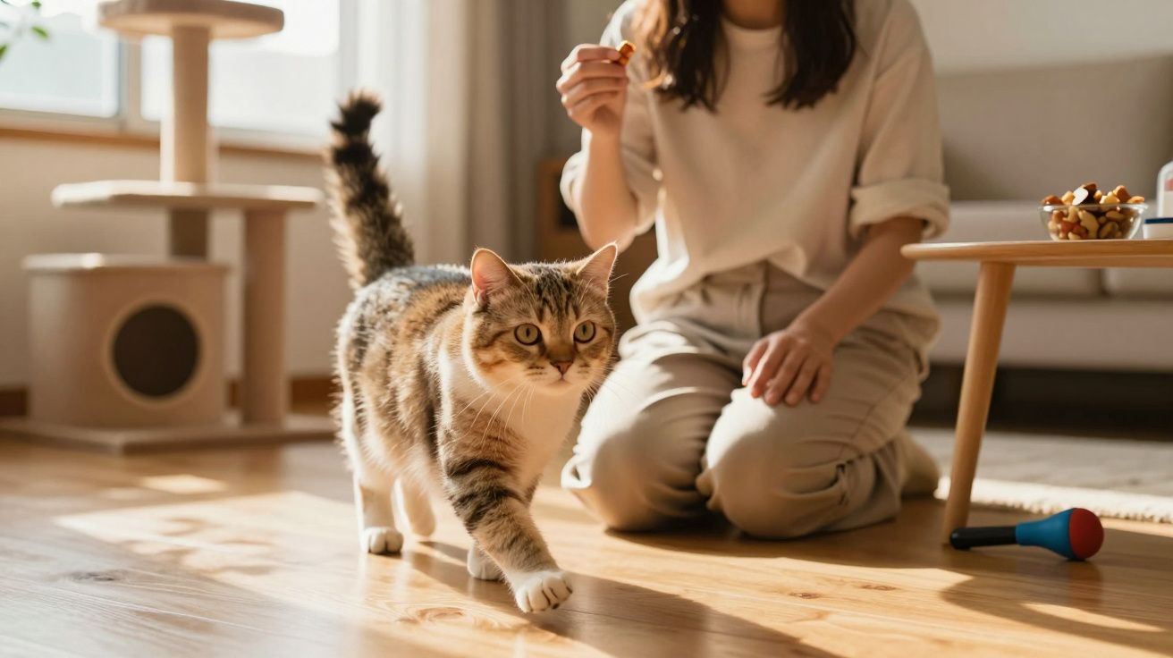 Gato andando em chão de madeira enquanto pessoa agachada segura petisco em sala iluminada.