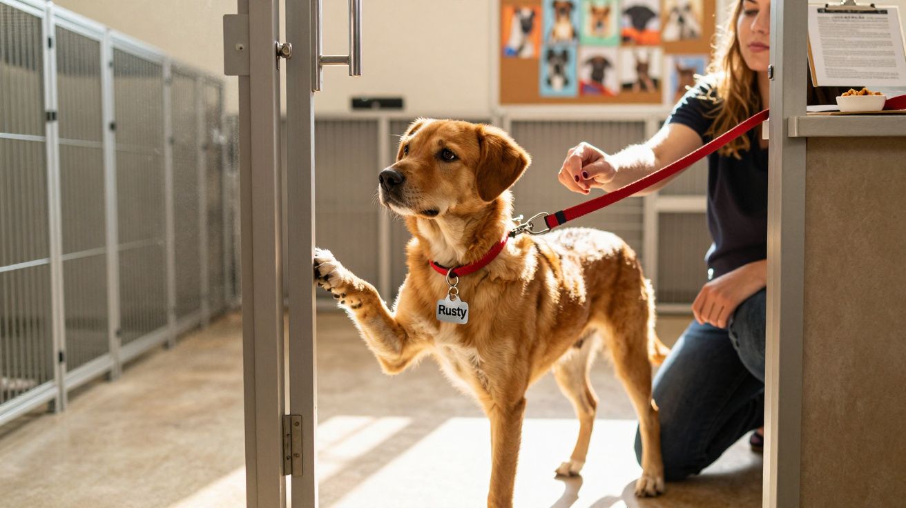 Cachorro com coleira vermelha e plaquinha "Rusty" toca a porta enquanto mulher segura a guia.