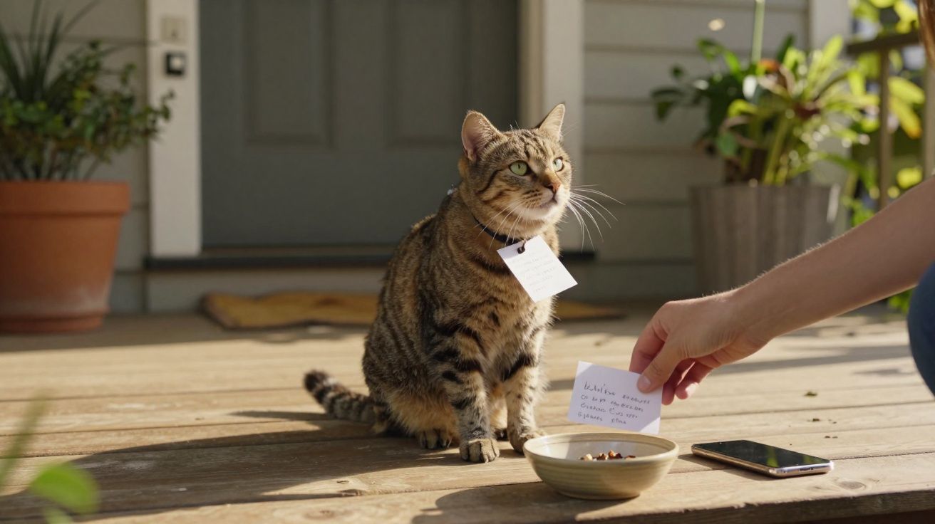 Gato listrado com etiqueta no pescoço observa nota e tigela de comida em varanda de madeira.