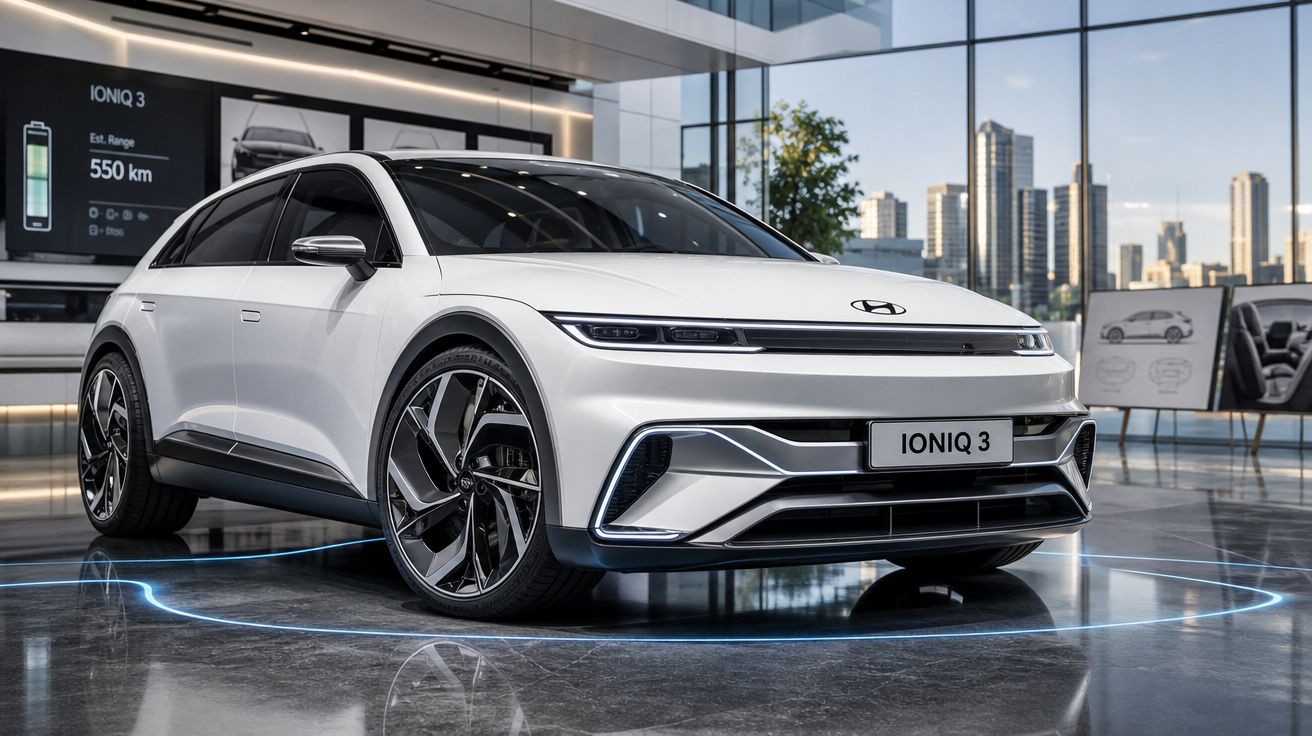 Carro elétrico Hyundai Ioniq 3 branco exibido em showroom moderno com fundo de janelas e cityscape ao fundo.