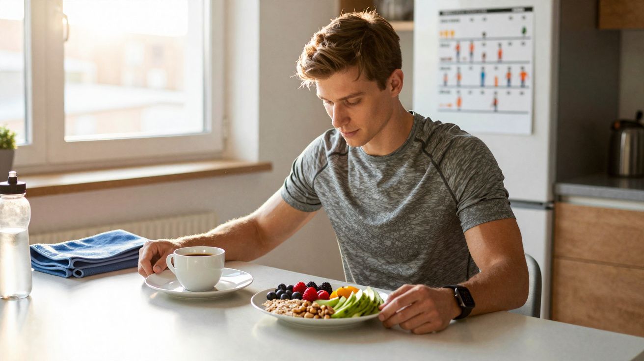 Homem jovem em roupa esportiva sentado à mesa com prato de frutas e cereais e xícara de café na cozinha iluminada.