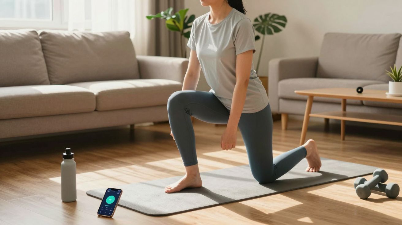 Mulher fazendo alongamento em tapete de yoga na sala com garrafa d'água e halteres ao lado.