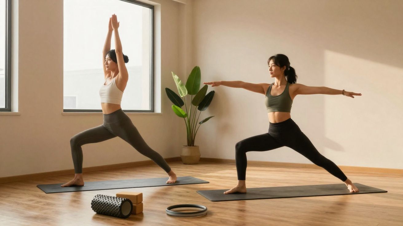 Duas mulheres praticando yoga em um estúdio com tapetes e acessórios ao redor.