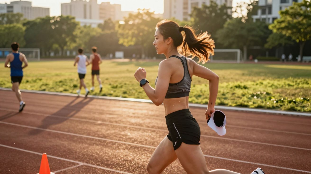 Mulher correndo em pista de atletismo ao pôr do sol segurando boné branco na mão direita.