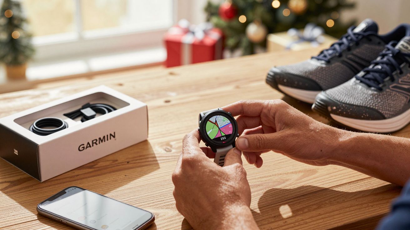Pessoa segurando relógio Garmin esportivo com tênis, caixa e celular sobre mesa de madeira.