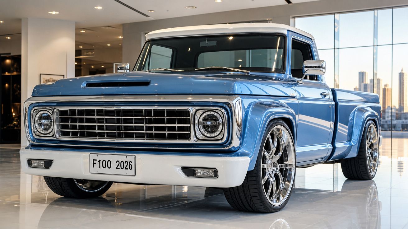 Picape clássica azul e branca em exposição interna com rodas cromadas e placa F100 2026.