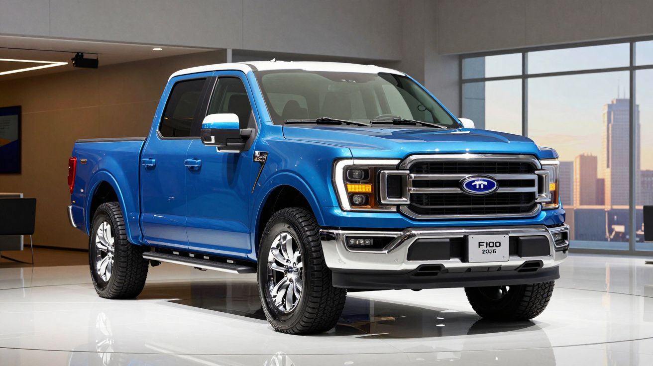 Picape azul Ford F-100 2026 exibida em ambiente interno com janelas grandes e vista de cidade.